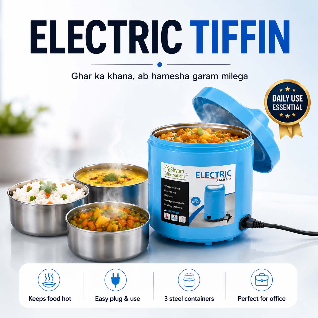 Electric Lunch Box Tiffin with 3 Steel Containers | Smart Food Warmer | Free Cash on Delivery