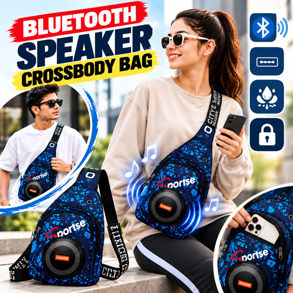 Bluetooth Speaker Crossbody Bag with USB Charging Port & LED Lights, Water Resistant Sling Backpack for Travel, Gym & Cycling
